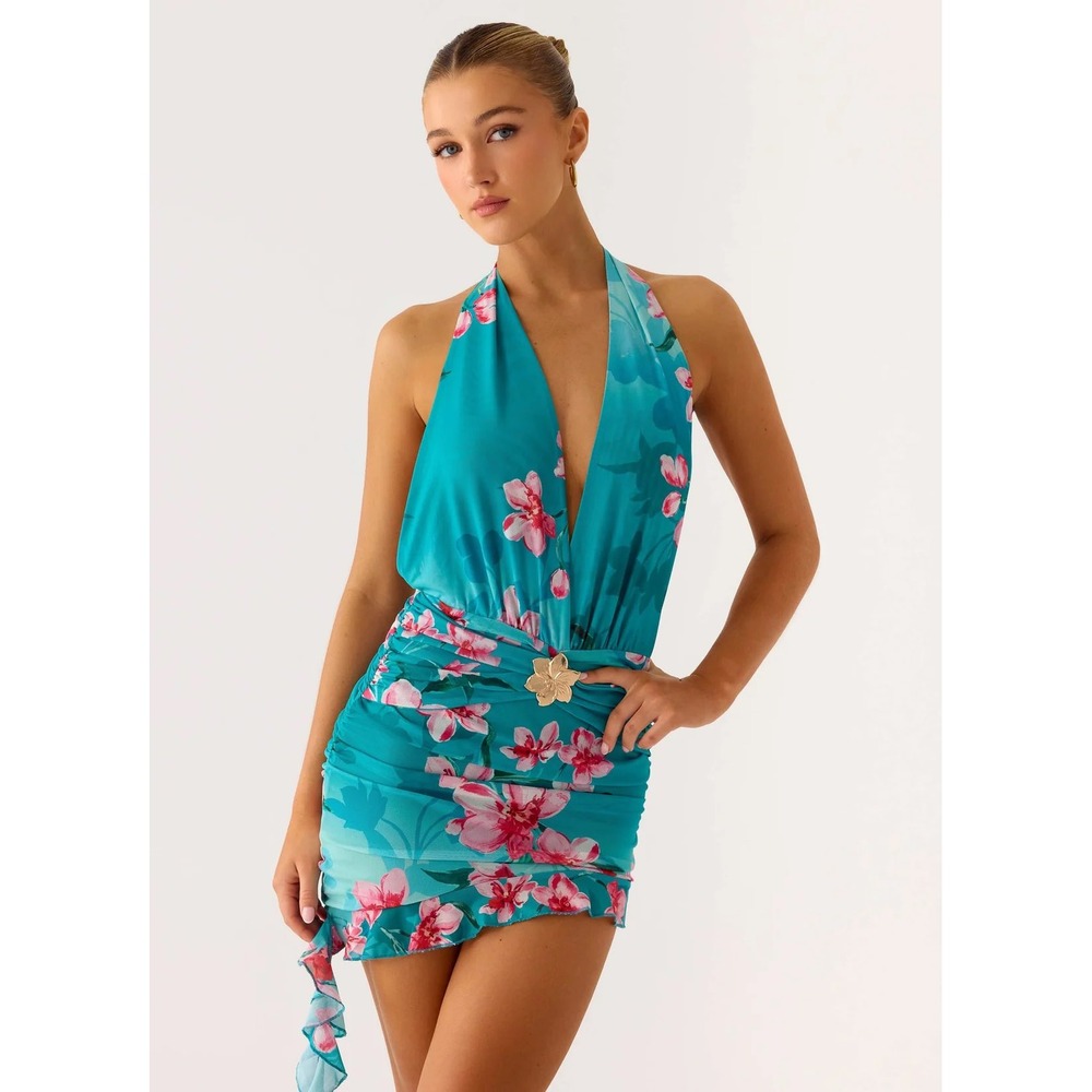 Peppermayo Samar Mini Dress Petal Reef Floral Teal Halter Ruched Size 6 US NEW